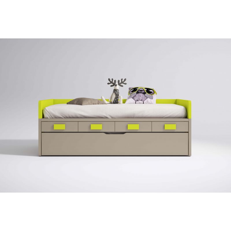 Cama compacta con cama nido con arrastre y cuatro cajones inferiores en  varias combinaciones de colores