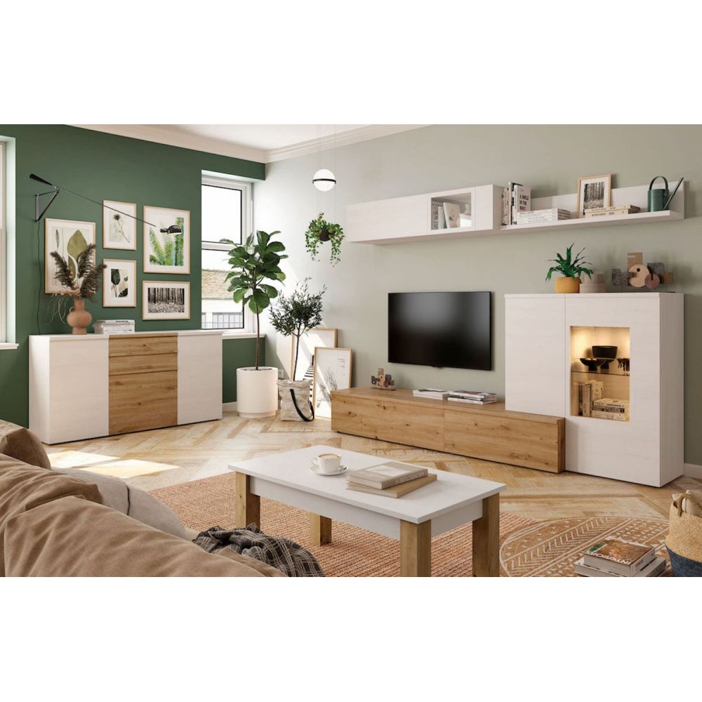 Mueble de salón modular MENORCA mueble tv y vitrinas color roble sonom