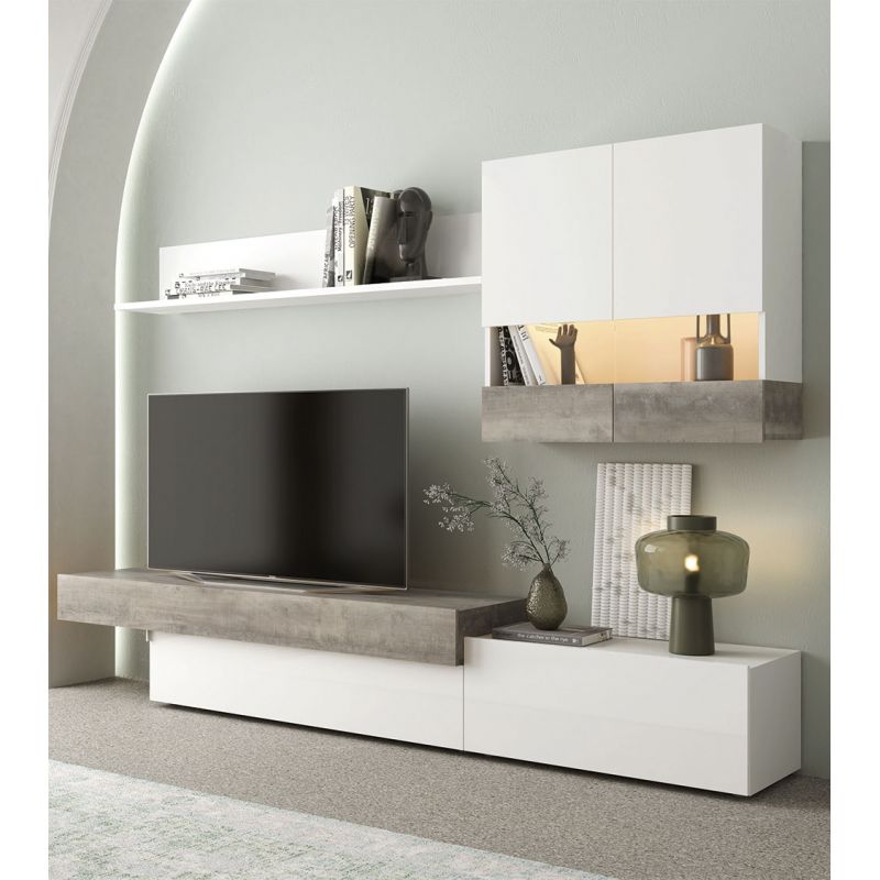 Mueble salón moderno en Olmo gris detalles Blancos New Royal 37